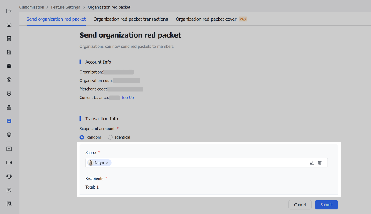 Admin | Send organization red packets
