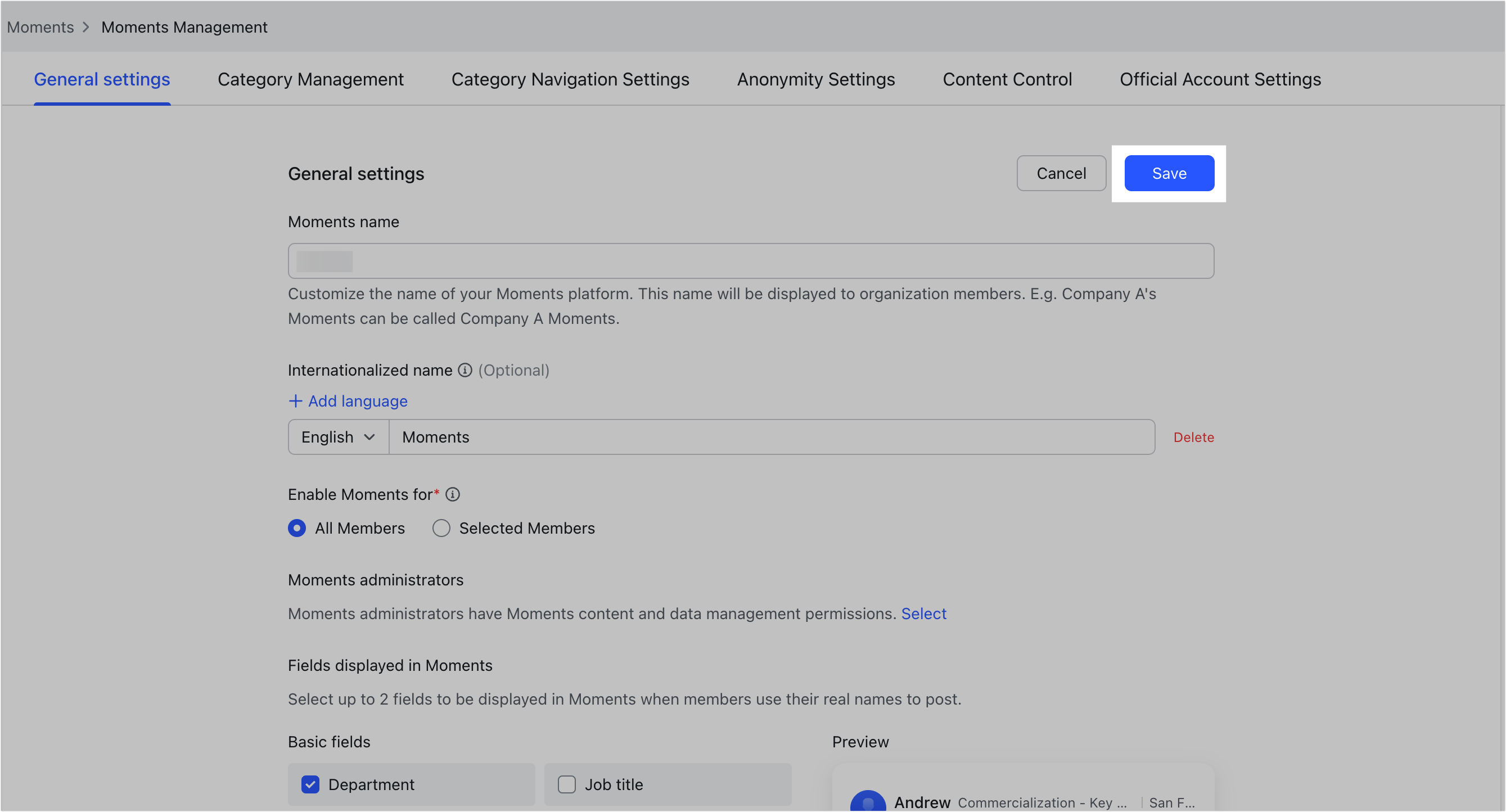 Admin | Set display fields in Moments