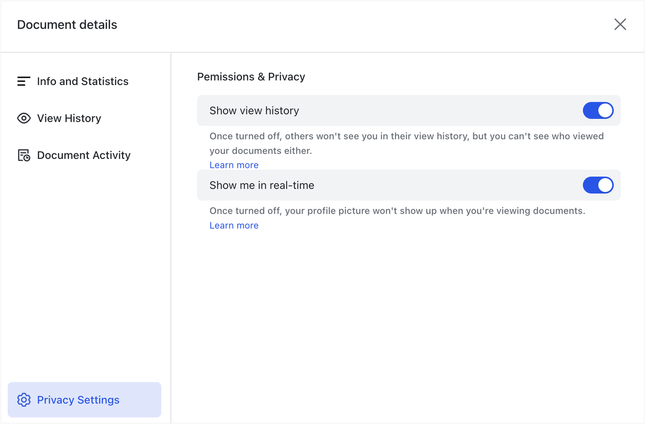 Check document information and configure privacy settings