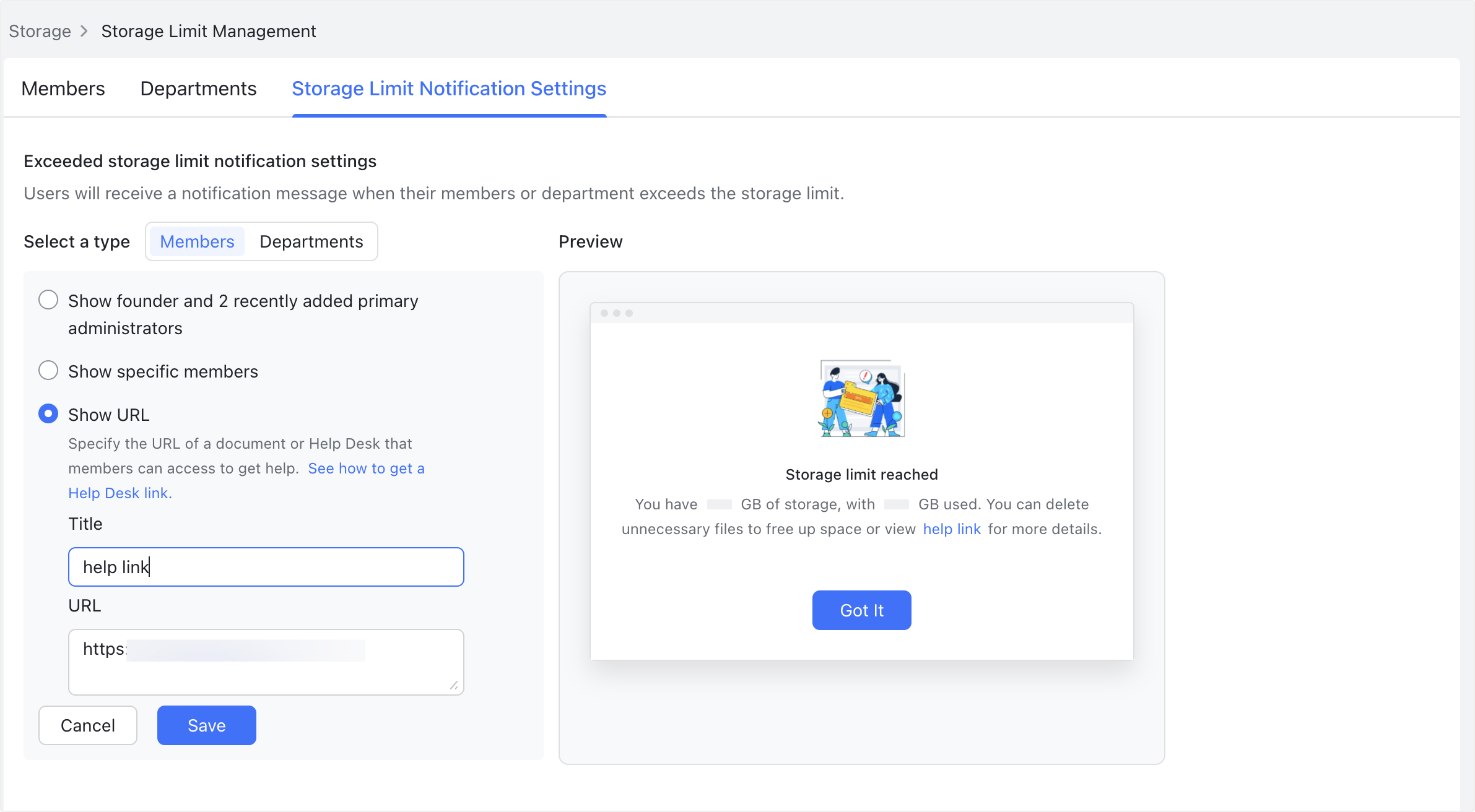 Admin | Set storage limit for members