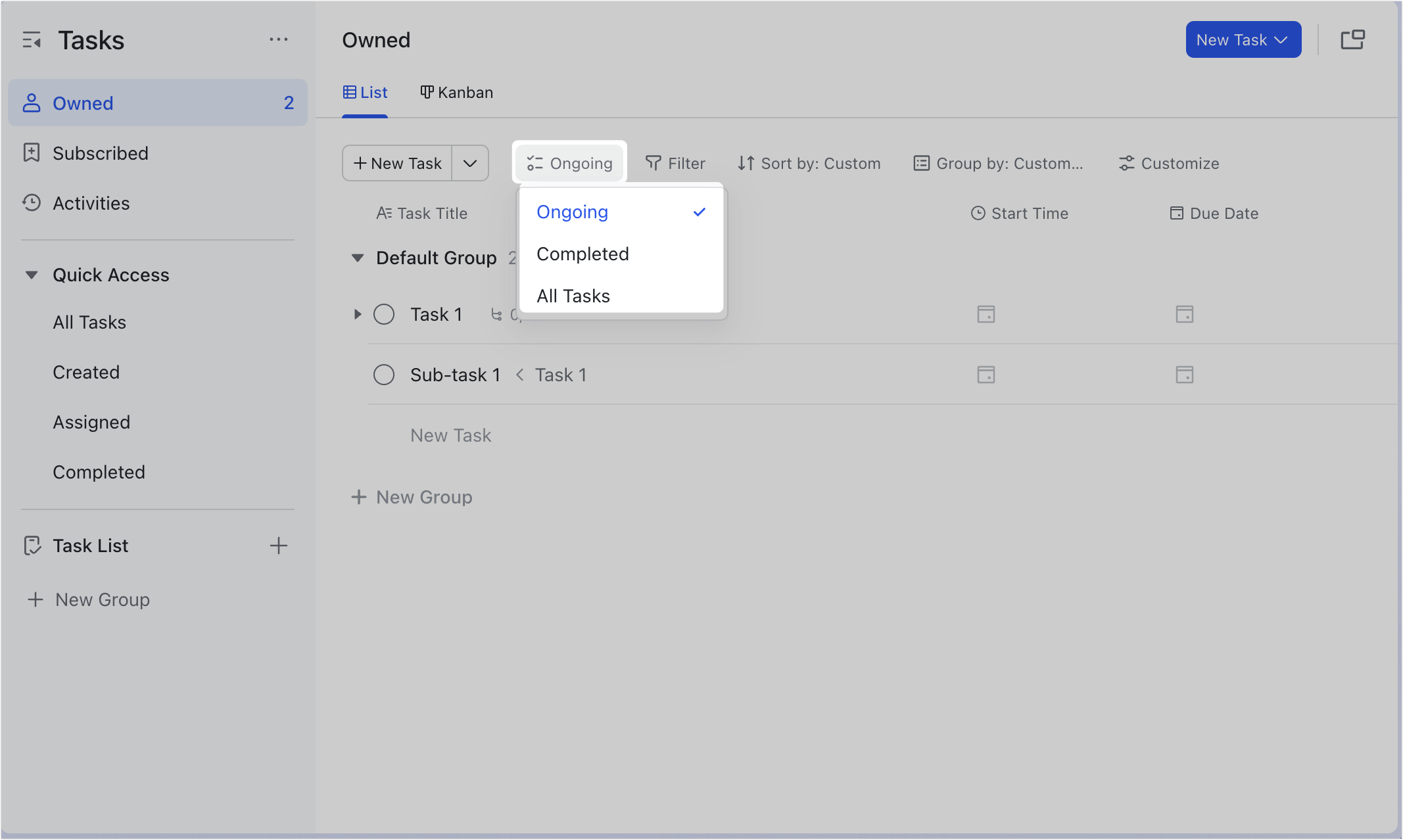 Adjust the display of the list of a task