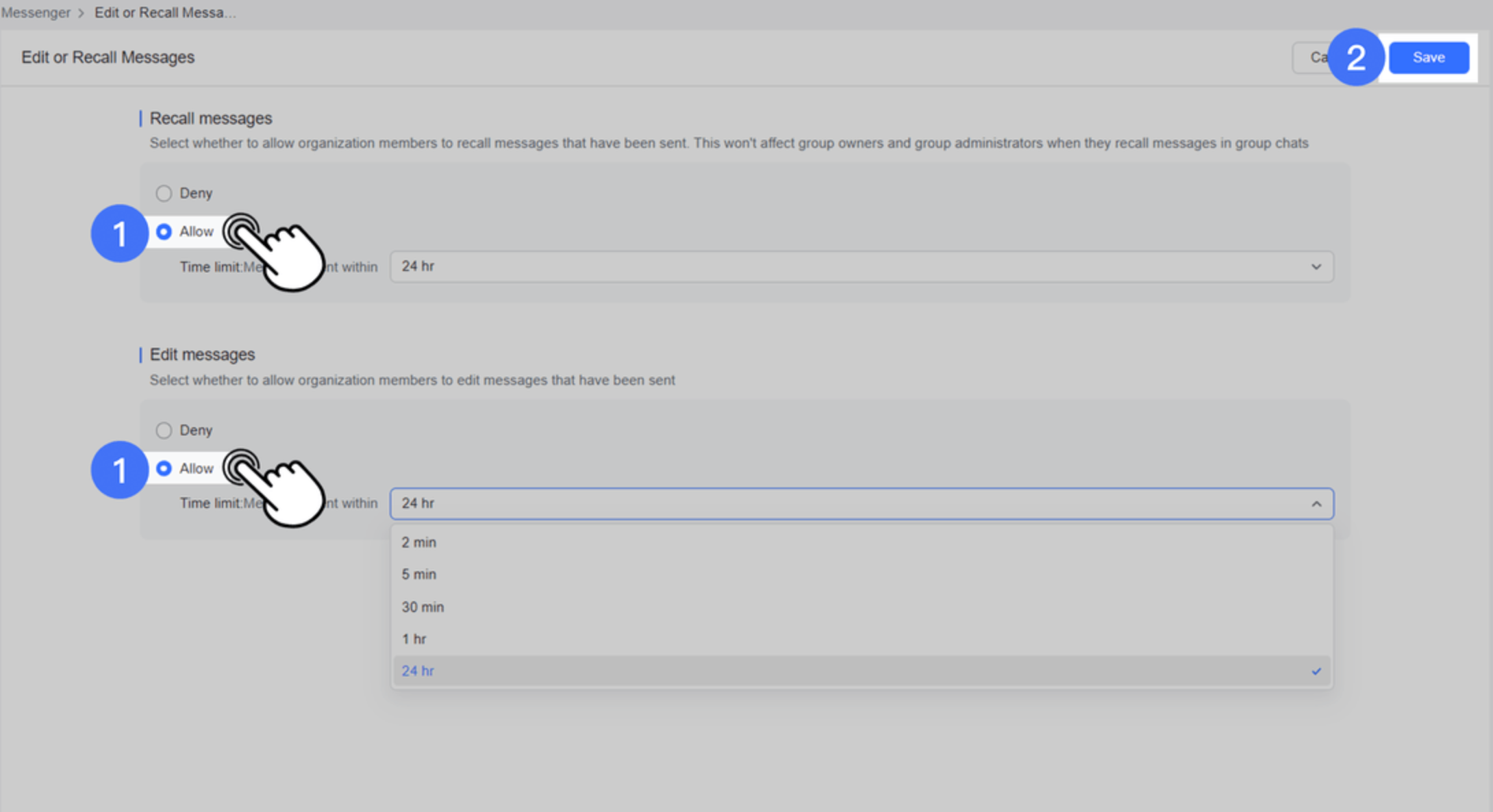 Admin | Set permissions to recall or edit messages