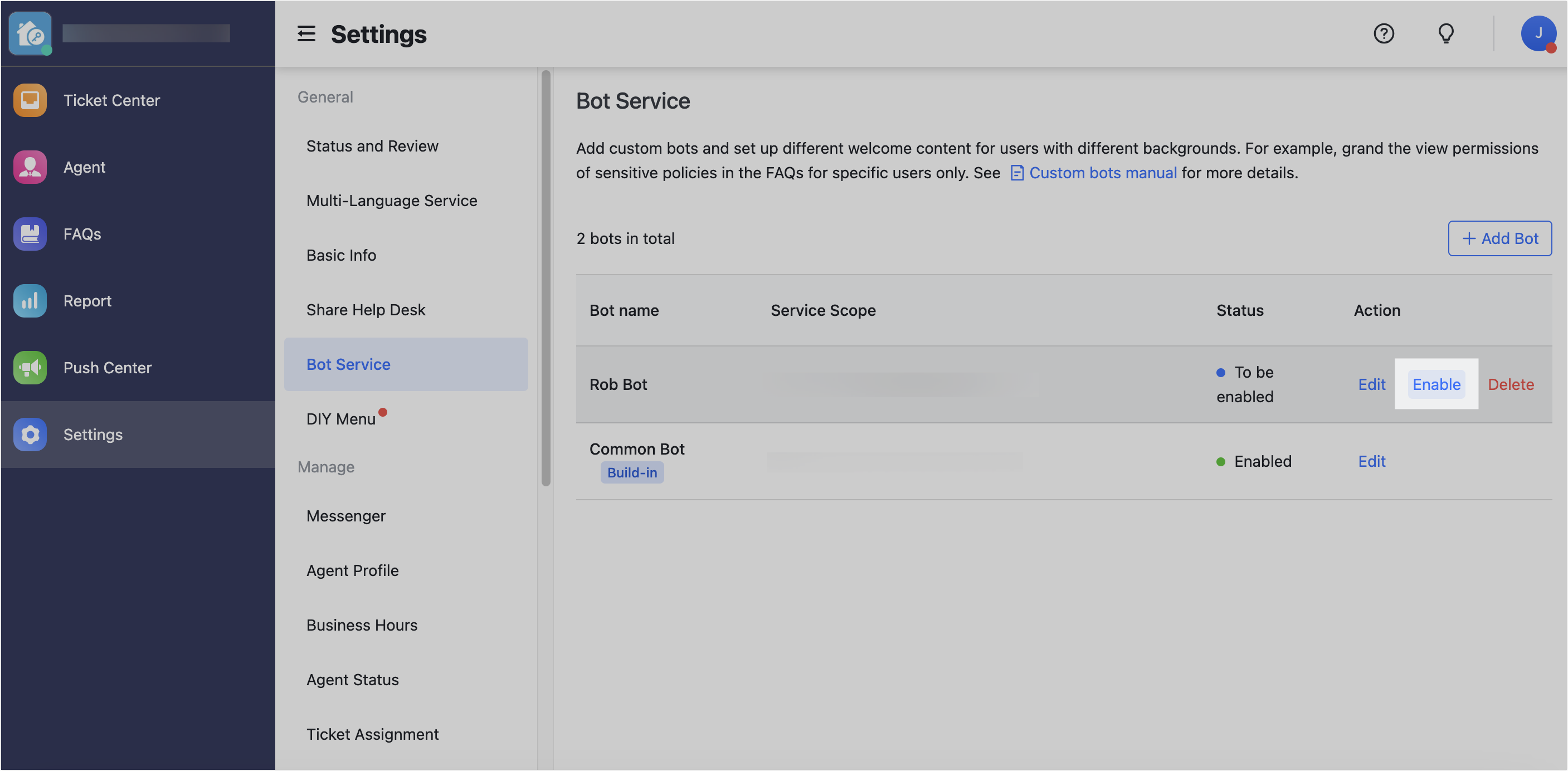 Add and use custom bots in Help Desk