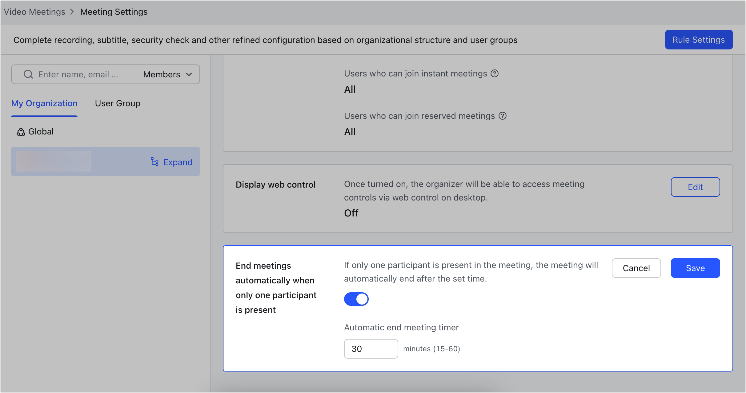 Admin | Configure meeting settings